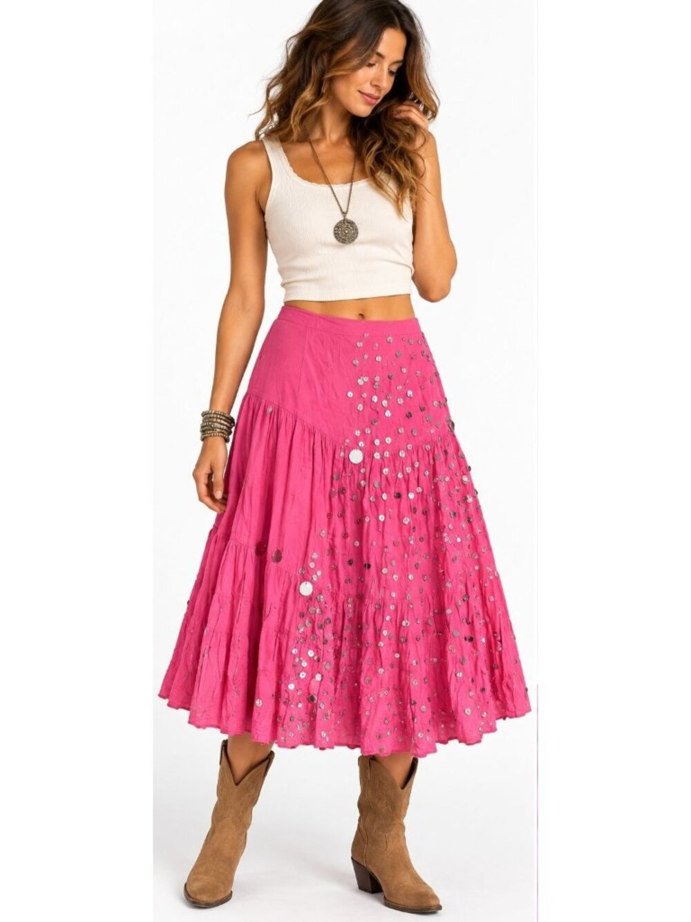 Vintage Y2K VENUS Women S Pink Sequin Mirror Disc Midi Skirt Boho Fairy Coquette